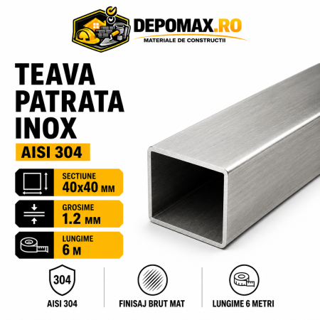 Teava patrata inox AISI 304, 40 x 40 x 1.2 mm, 6 metri